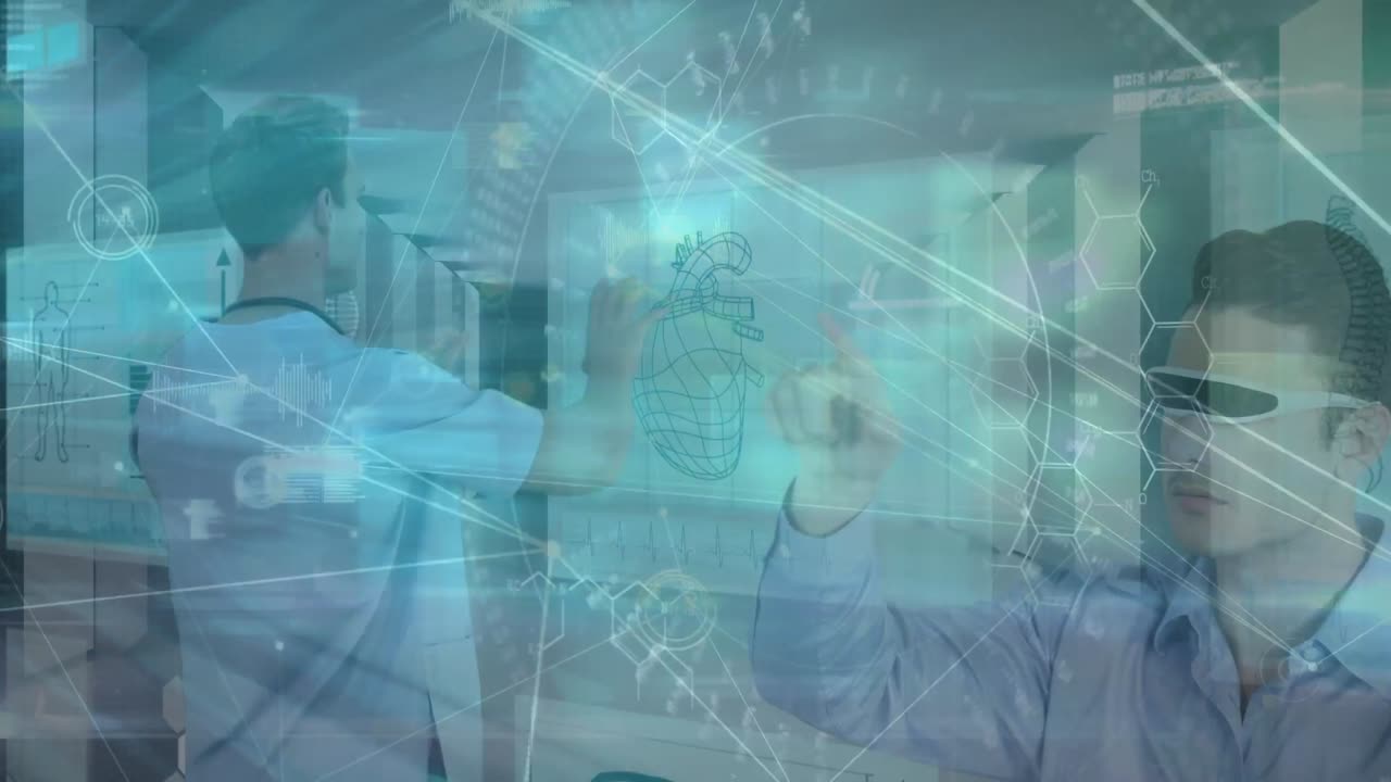 카우카스 의사가 투명한 증강 및 가상 현실 시레이터에서 데이터를 분석하는 애니메이션