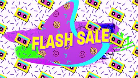 Animation-Von-Flash-Sale-Text-In-Gelben-Buchstaben-über-Buntem-Retro-Kassettenmuster