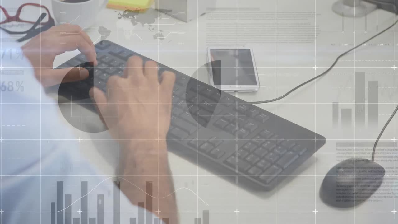 animación del procesamiento de datos estadísticos en la sección media del hombre de negocios escribiendo en el teclado.