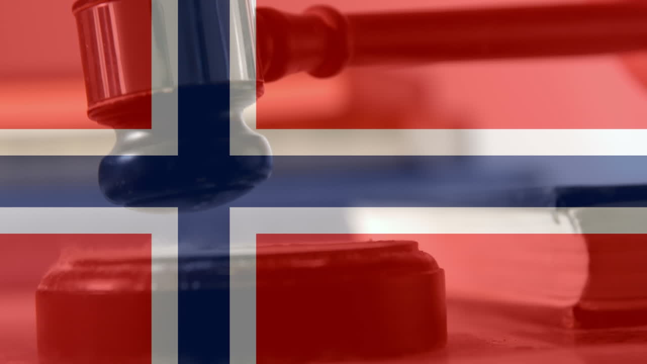 Digitally animation of Norwegians Flag and gavel 4k