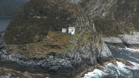 Drone shot of Hendanes Lighthouse in M&aring;l&oslash;y slowly Revealing Beautiful Nature