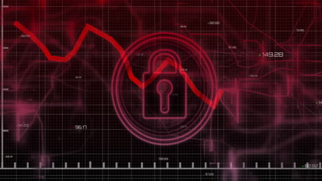 animación del candado y procesamiento de datos sobre cuadrícula sobre fondo oscuro