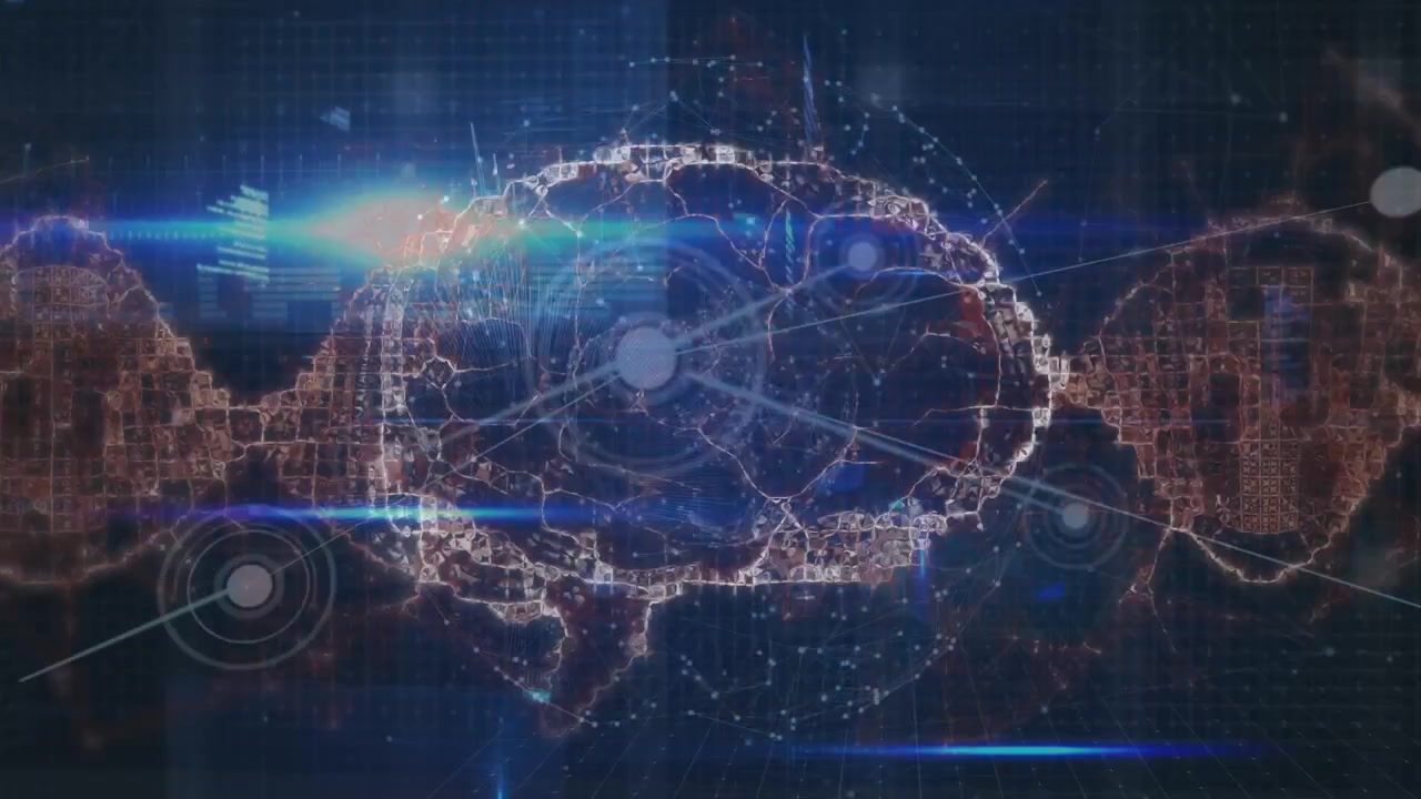 Animation of network of connections and data processing against spinning human brain icon