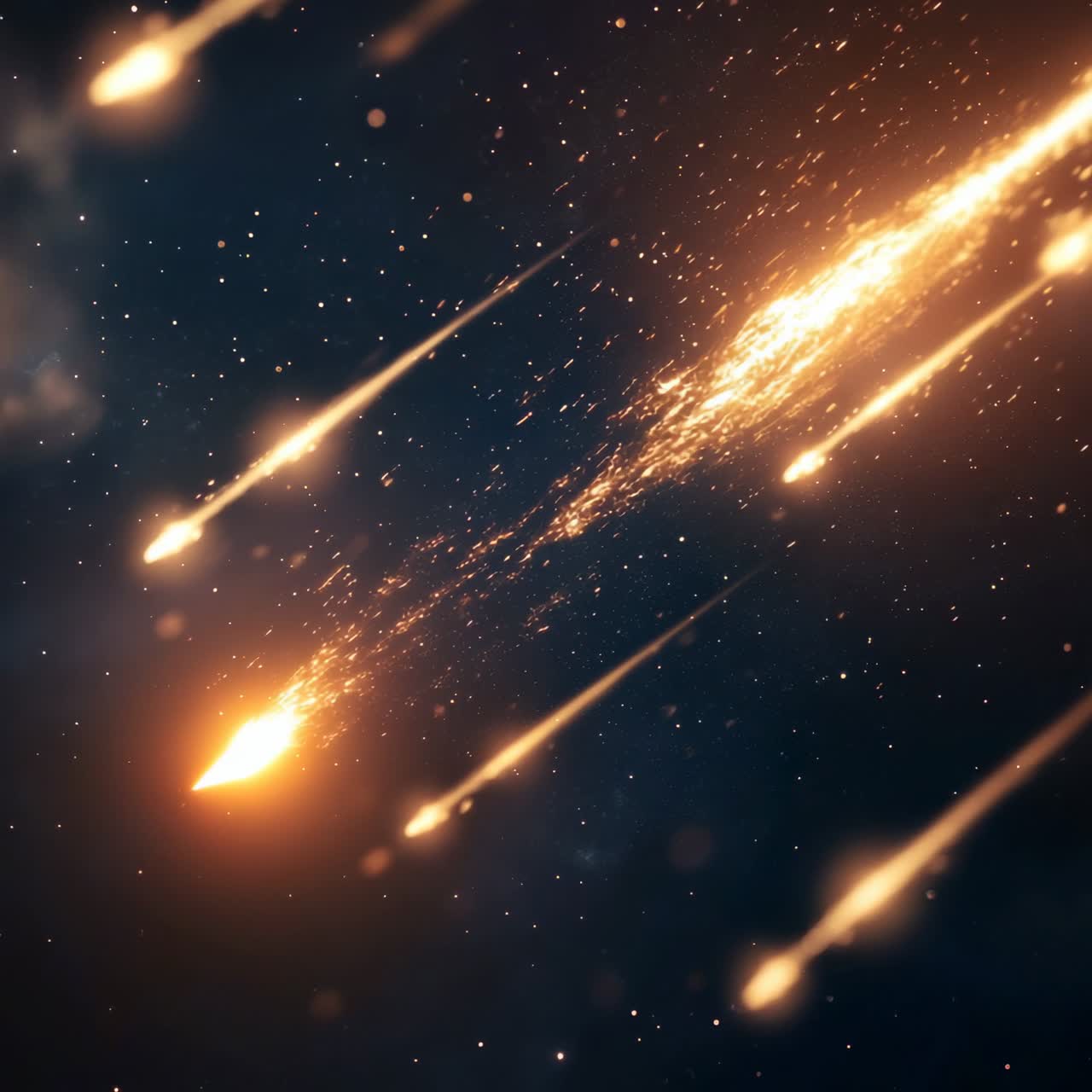 Dynamic video concept of fiery meteors streaking across a dark sky