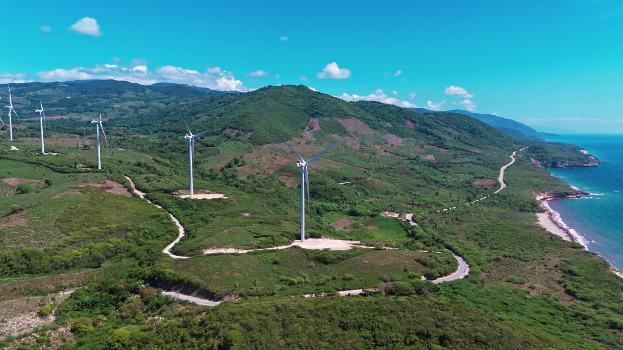 Larimar Wind Farm (Parque Eólico Larimar) In Enriquillo, Barahona, Dominican Republic - Aerial Drone Shot