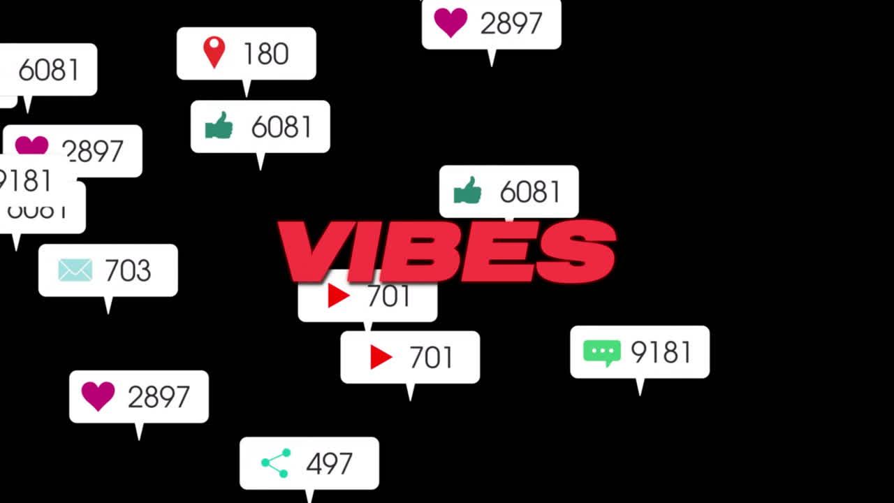 animación de vibraciones texto en rojo sobre notificaciones de redes sociales en fondo negro