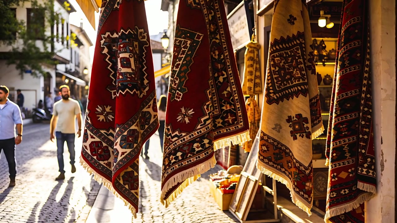 Soldan yürüyerek gelen sıradan alışveriş yapanlar, güneşli sokakta desenli halıları sergileyen halı tezgahının önünden geçiyor.