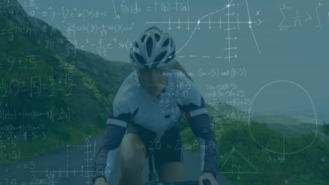 animation of mathematical equations over caucasian female cyclist riding a bicycle on the street