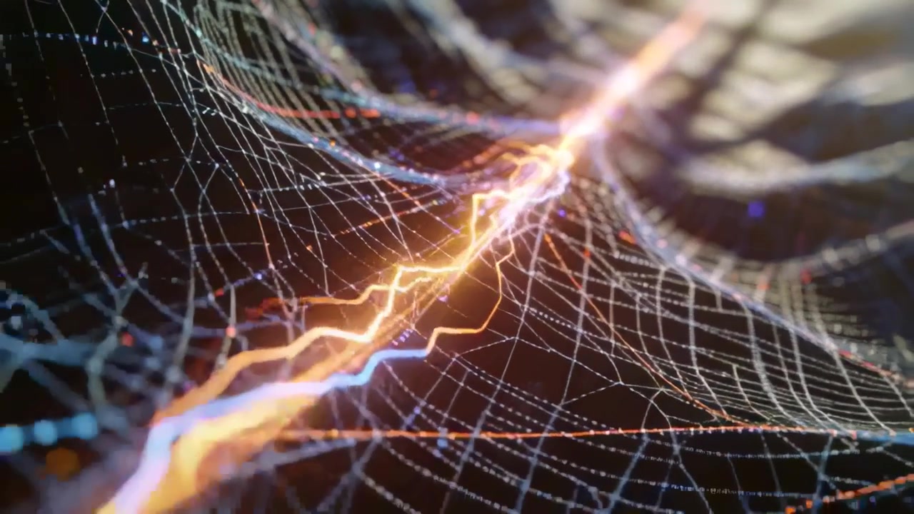 Emerging braided energy streak moving along diagonal through dark wireframe mesh lighting nodes