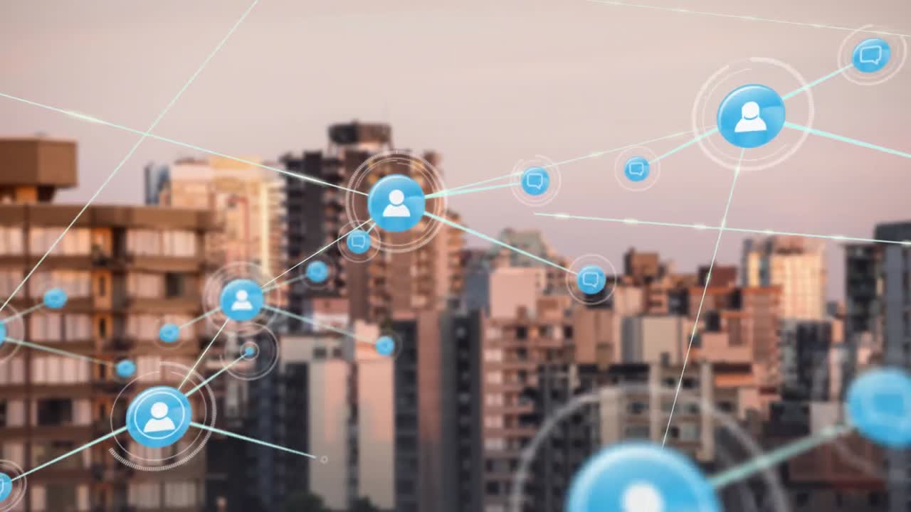 도시 풍경에 대한 아이콘을 가진 연결 네트워크의 구성