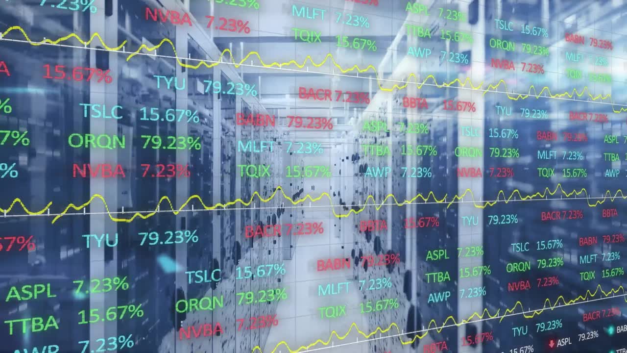 주식 시장 데이터 처리의 애니메이션과 빈 컴퓨터 서버 방에 대한 모자이크 사각형