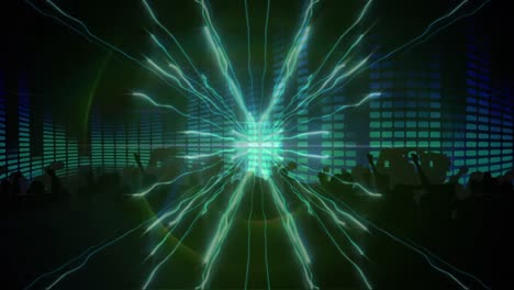 ondas digitales azules sobre siluetas de personas bailando contra cuadrados de mosaico contra fondo azul