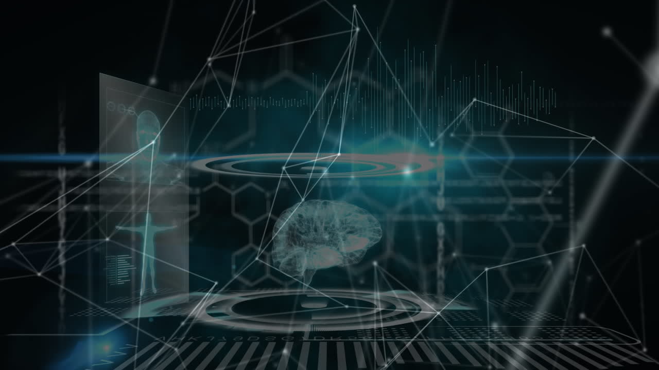 Animation of network of connections and data processing on black background