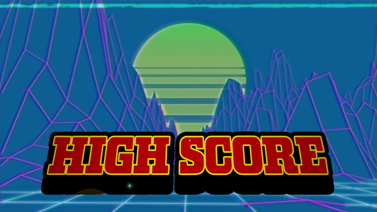 태양과 메타버스 풍경을 가진 파란색 공간에서 높은 점수의 애니메이션