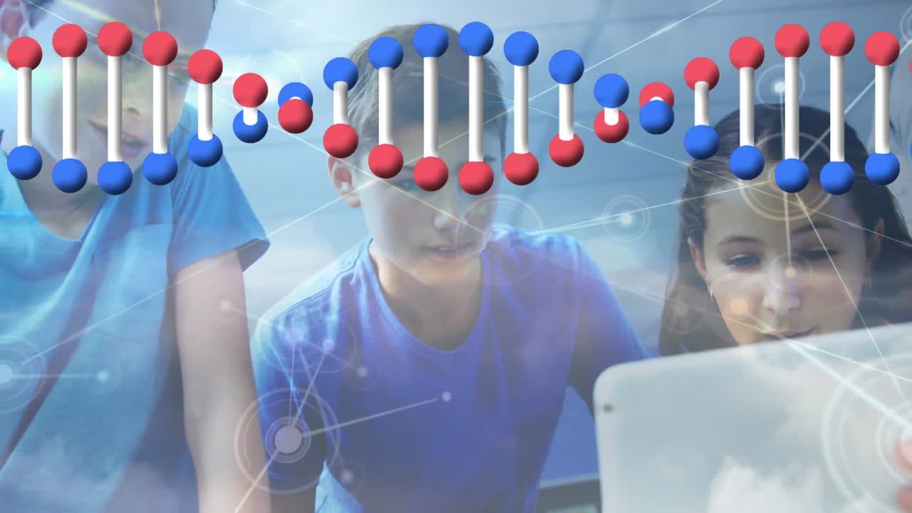 animación de la cadena de adn y la red de conexiones sobre los niños usando computadora portátil