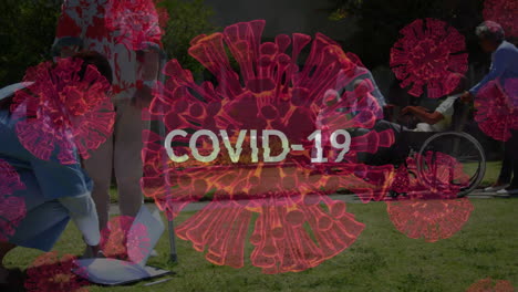 texto de covid-19 sobre células de covid-19 contra personas mayores en el jardín