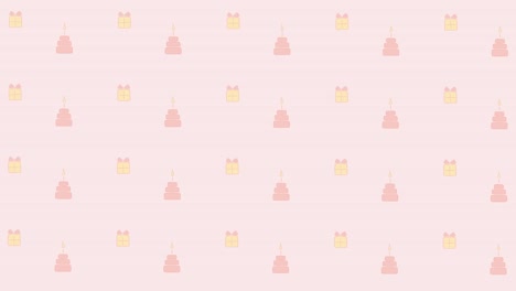 feliz cumpleaños animación en movimiento, bucle y video animado sin costuras. celebración de vacaciones rosas y amarillas 4k introducción o fondo con ilustración de pastel y caja de regalos
