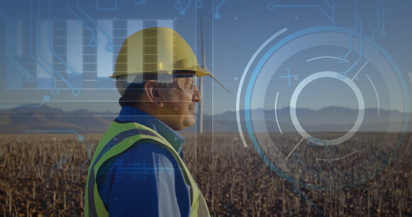 Técnico eólico observando la señal del sensor que impulsa un HUD giratorio y gráficos de barras sobre una turbina, monitoreando la producción