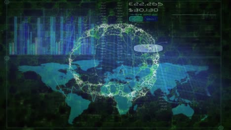 animación del cerebro humano sobre un monitor de ritmo cardíaco y un mapa del mundo