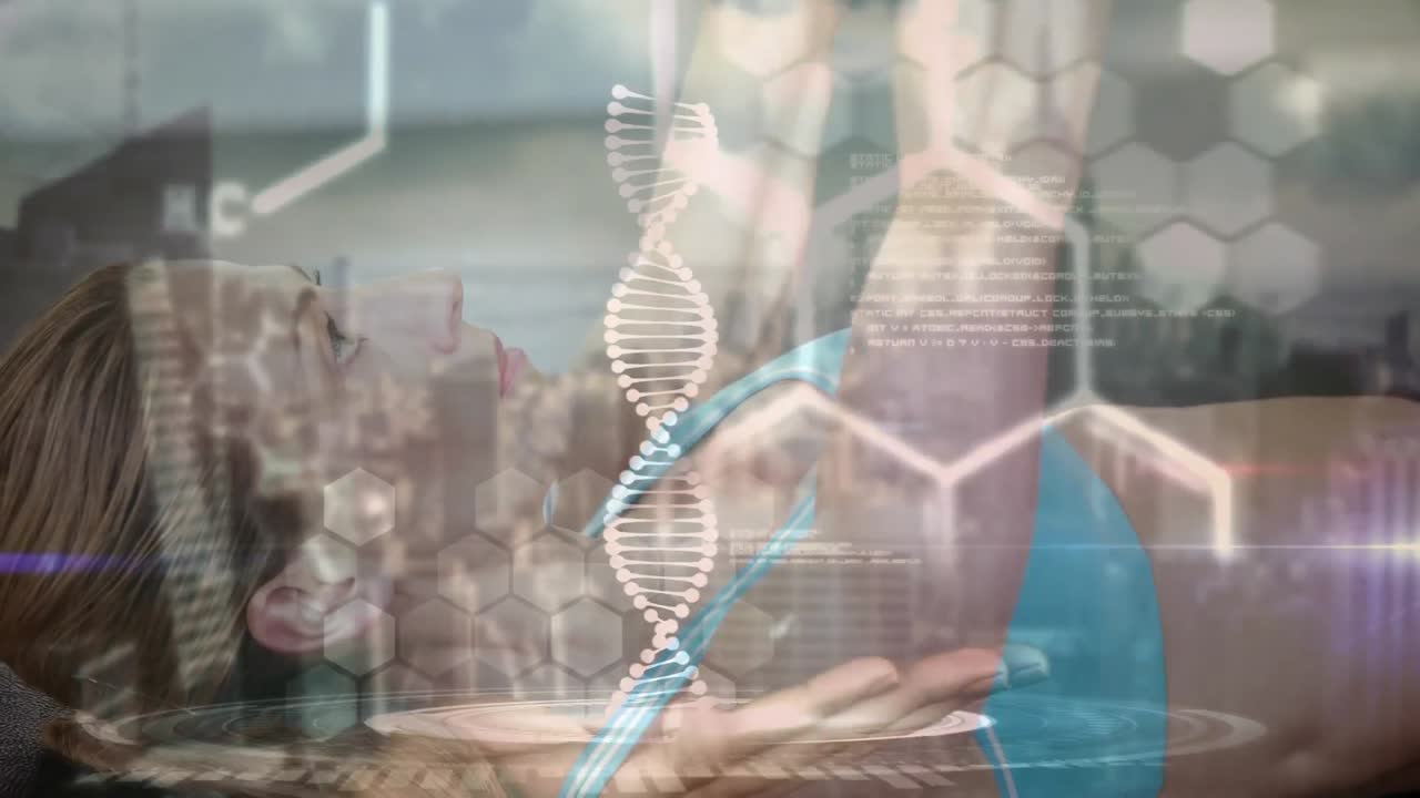 Animation af en snurrende DNA-streng og databehandling over en stærk kvinde, der træner.