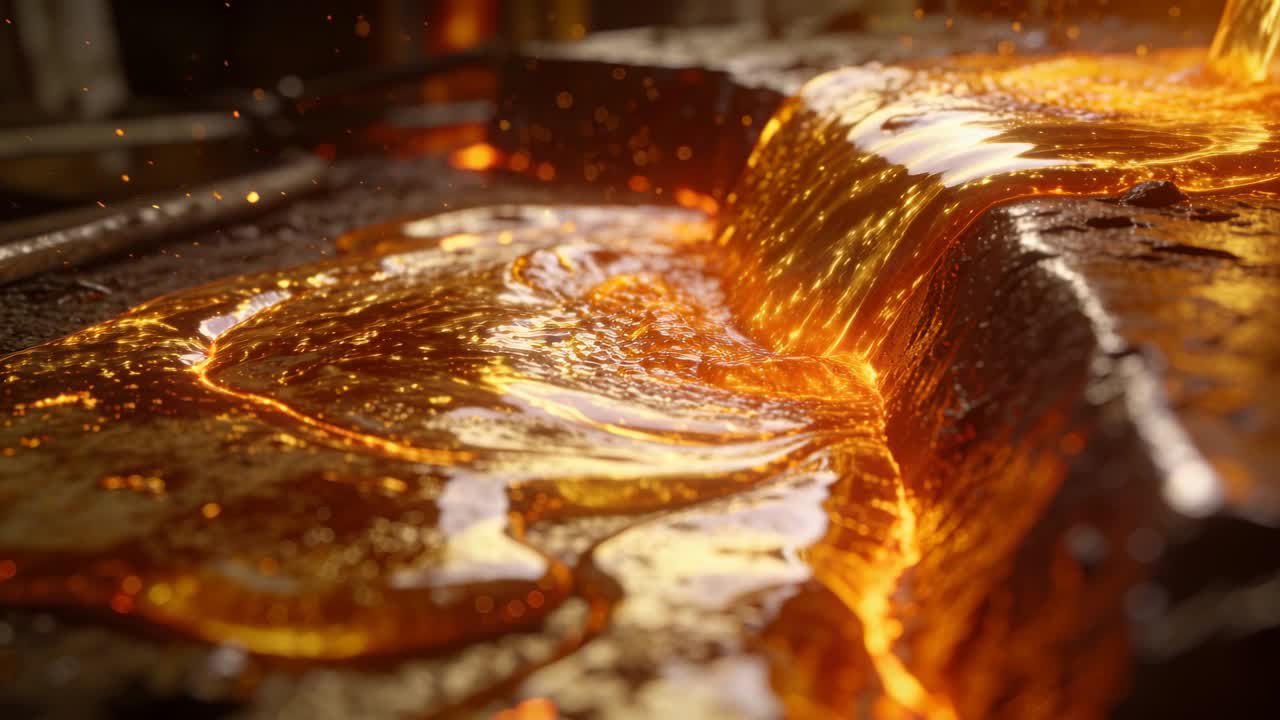 Video verticale: Colata di metallo fuso dall'alto a destra, che riempie la scanalatura di una lastra presso una fonderia, con scintille.
