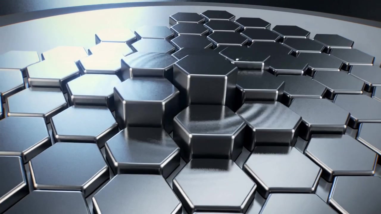 Rippling metal honeycomb responding to central pulse lifting hex tiles into columns on platform