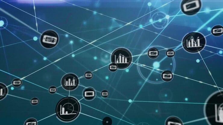 Animation of data and network of connections with icons over dark background