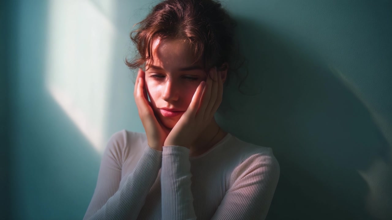 Una joven expresa emoción contra una pared suavemente iluminada, capturando introspección y vulnerabilidad en dos impresionantes encuadres de un momento reflexivo.