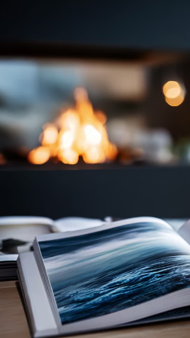 Una scena serena con un libro aperto che mostra immagini di fotografia dell'oceano, ambientata davanti a un caldo caminetto, creando un'atmosfera accogliente e invitante nella stanza.