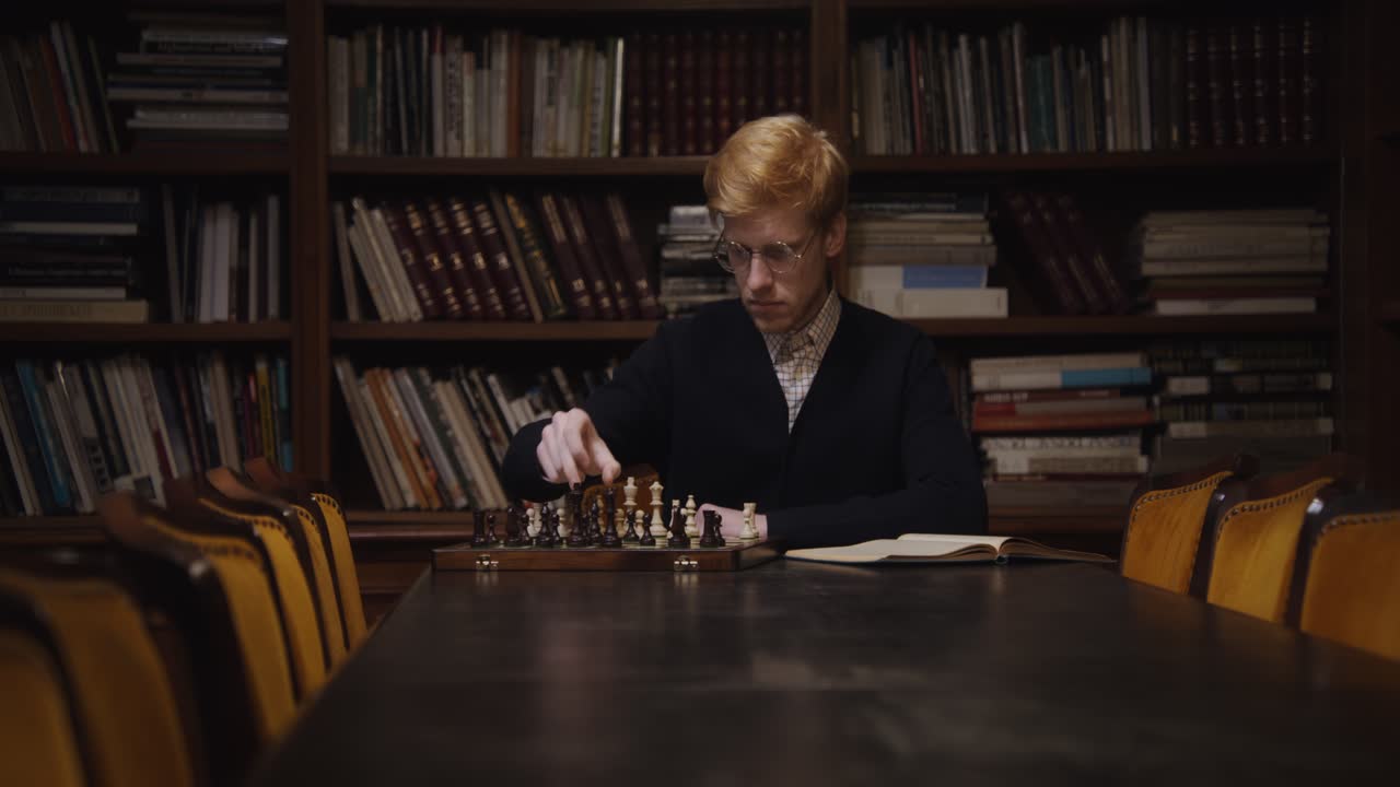 도서관 에서 체스를 하는 남자