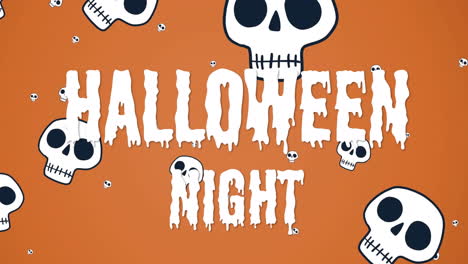 animation of halloween greetigs and floating skulls on orange background