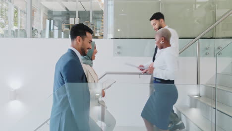 businessman, muslim woman and stairs for walking