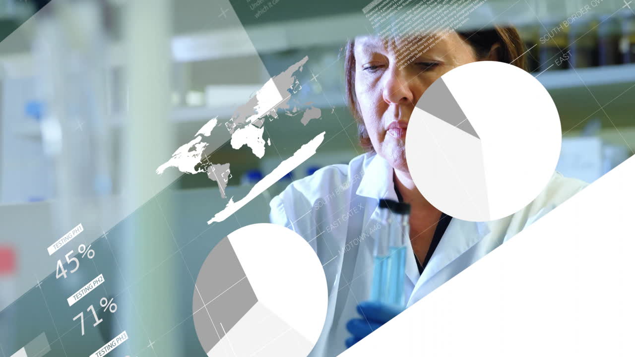 Animation of scientific data processing over caucasian female scientist in laboratory