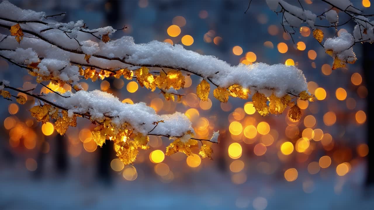Winter's Embrace: A Serene Display of Snow-Covered Branches with Golden Bokeh Lights in a Magical Forest Setting Captured in Two Stunning Frames