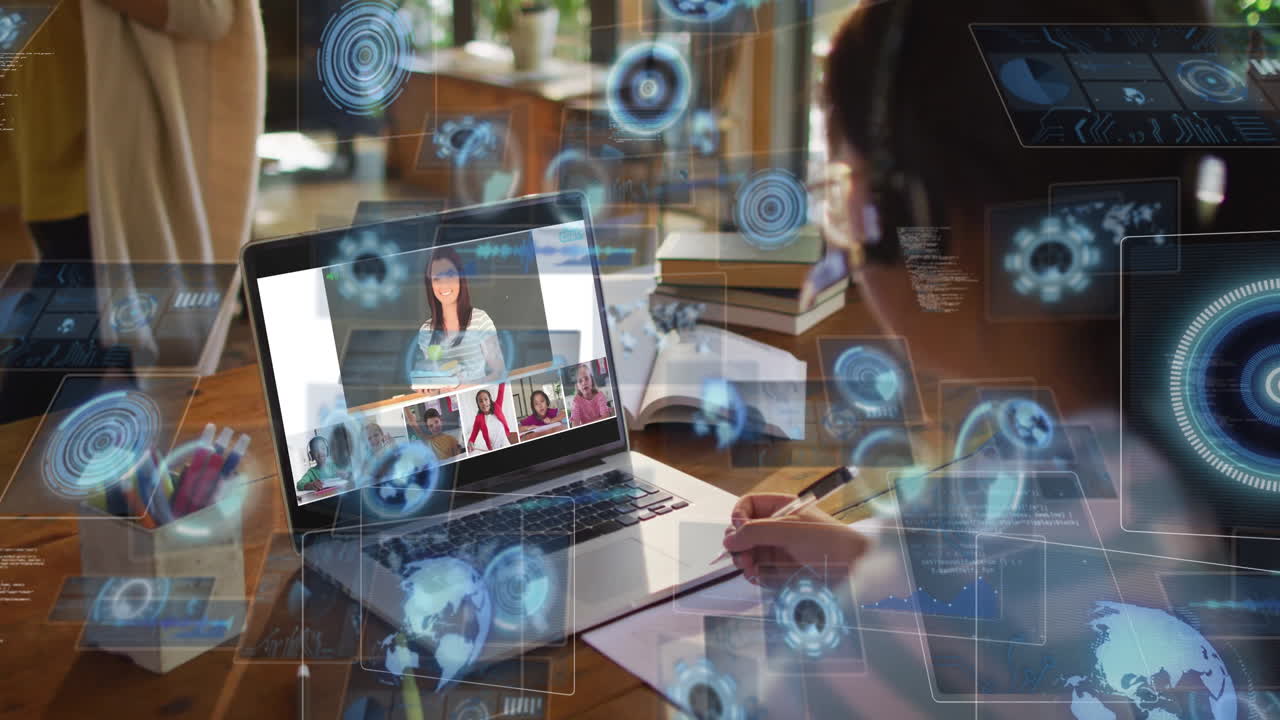 Virtual meeting on laptop with digital data processing animation overlay