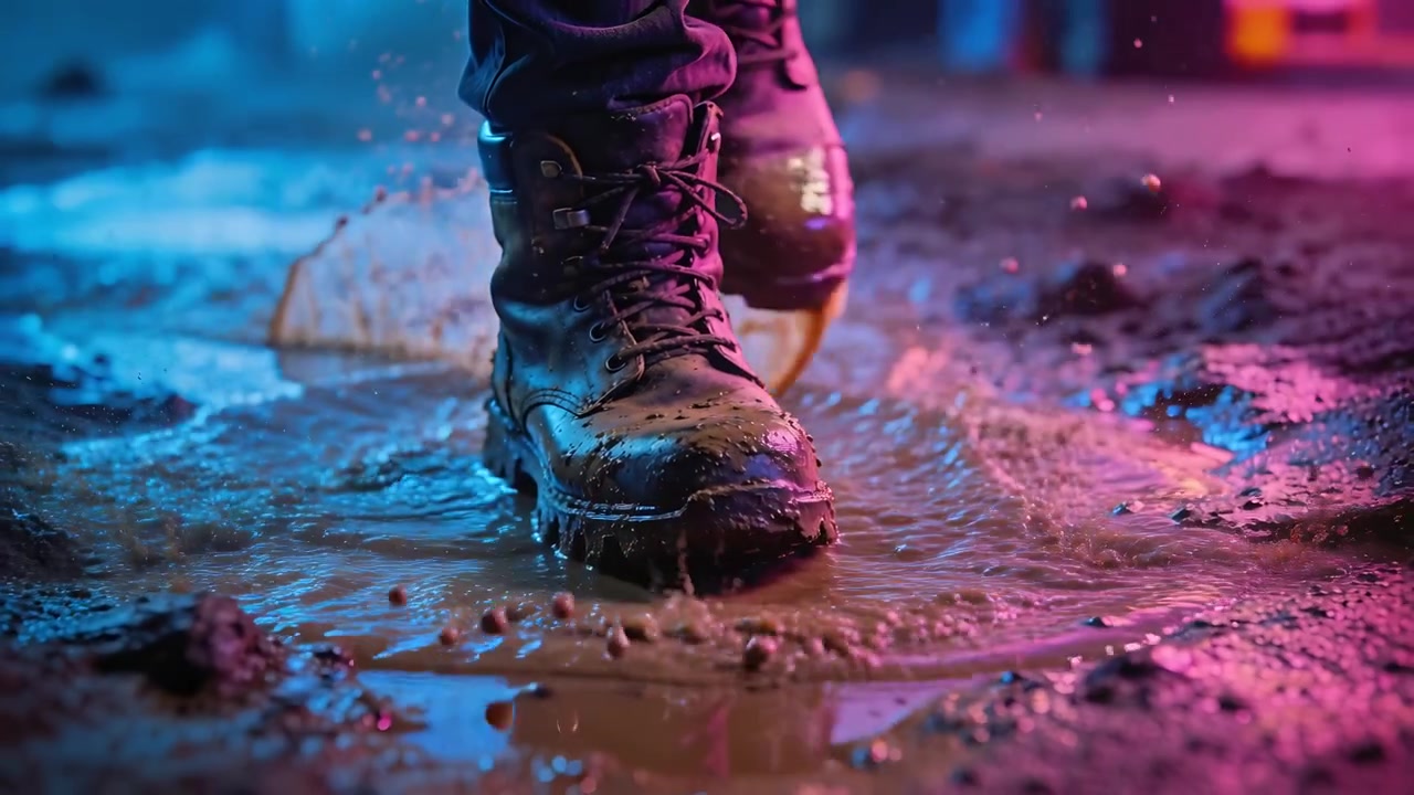 Sepatu bot bertali yang berat menginjak genangan lumpur, melintasi tanah yang diterangi lampu neon, memercikkan tetesan air.
