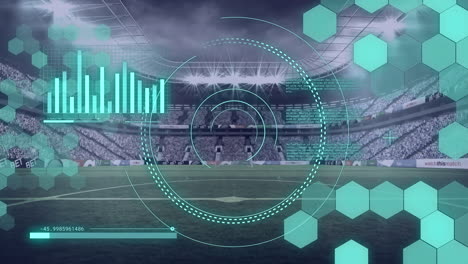 animación del procesamiento de datos y escaneo de alcance sobre estadios deportivos