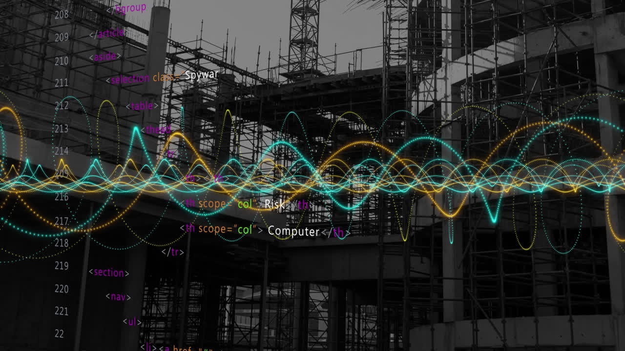 도시 풍경 위의 데이터 처리 애니메이션
