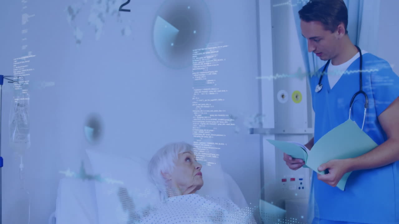 In hospital room, healthcare professional processing medical data with patient nearby