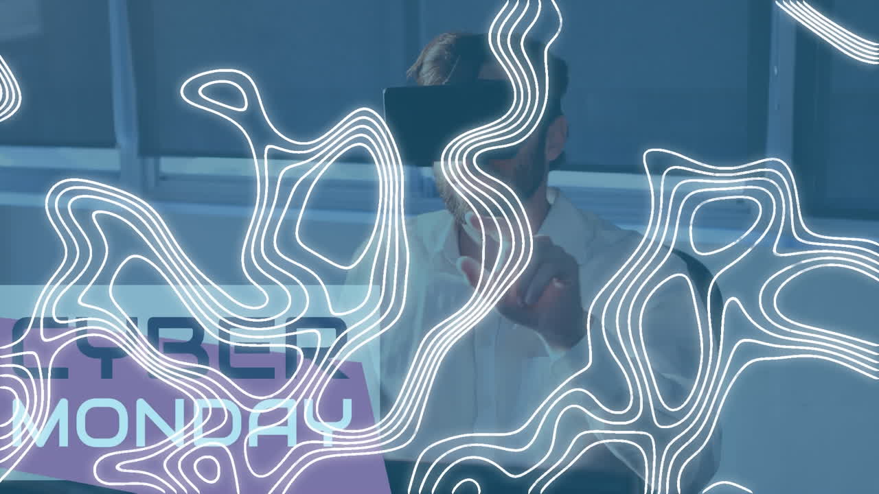 Animation of text, cyber monday, and moving contour lines, over man wearing vr headset
