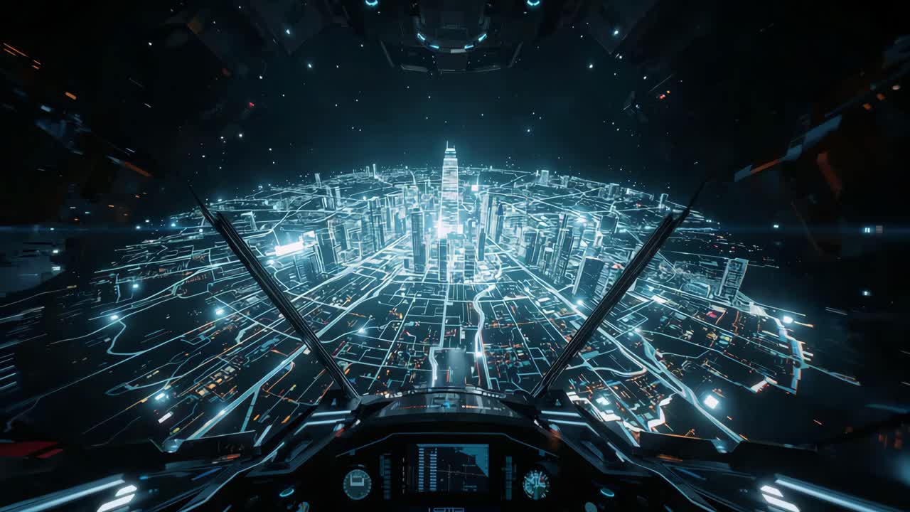 Futuristic Cityscape from Spaceship Cockpit