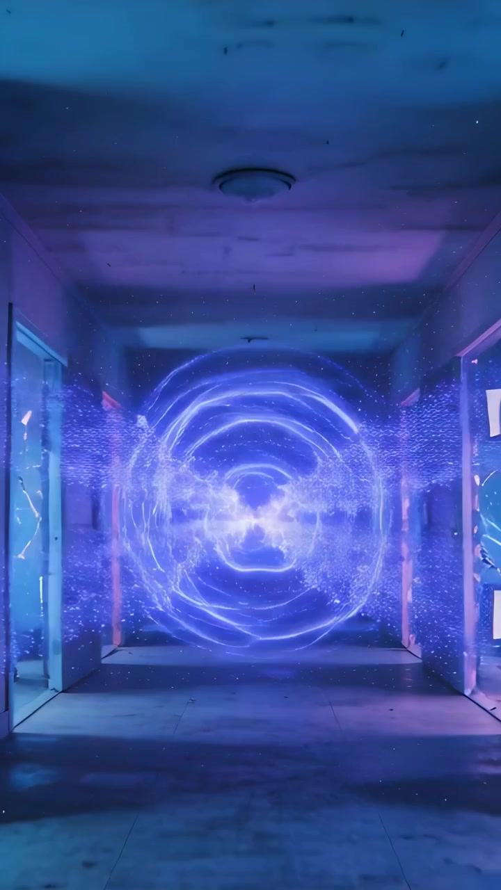 Vertikales Video: Sich bildendes Energieportal pulsiert einen Korridor entlang und wirft blauen und violetten Schein auf Regale.