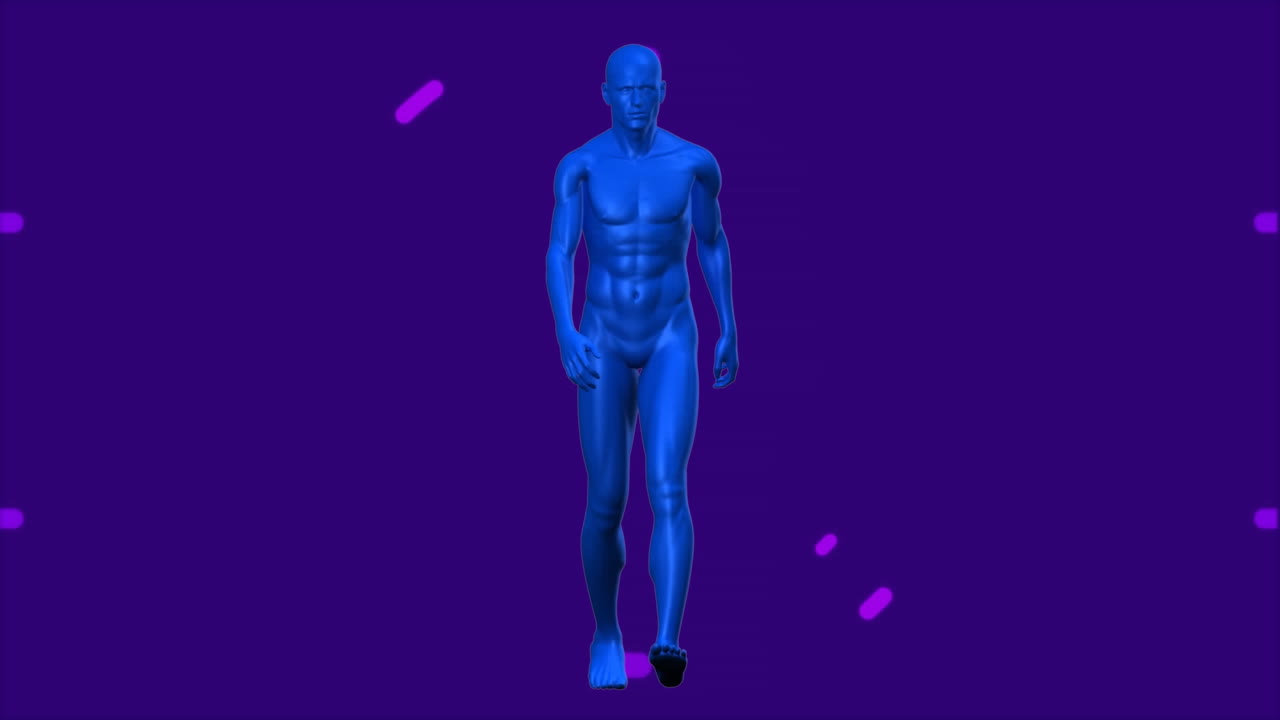 animación de círculos púrpuras sobre el modelo humano azul caminando