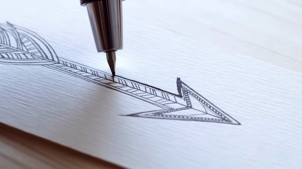 Close-up of a fountain pen tip sketching a patterned arrow on white paper, shown in a clean minimal composition with soft natural light and visible texture