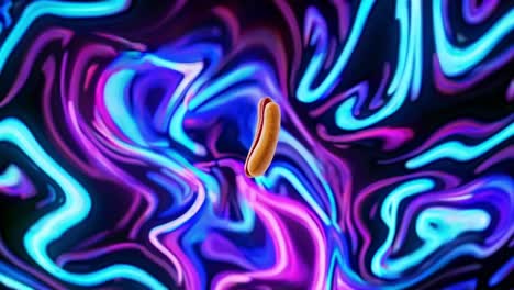 hot dog girando y flotando contra un vibrante fondo de neón psicodélico, generando un viaje visual surrealista inmersivo con un flujo de colores hipnotizante y movimiento dinámico