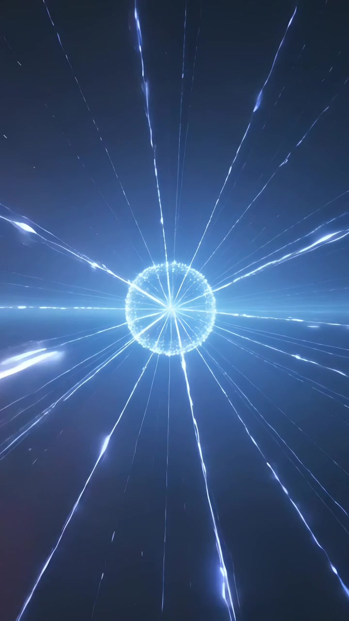 Video verticale: Globo centrale che si forma da un debole bagliore, emettendo raggi radiali nello spazio, con puntini.