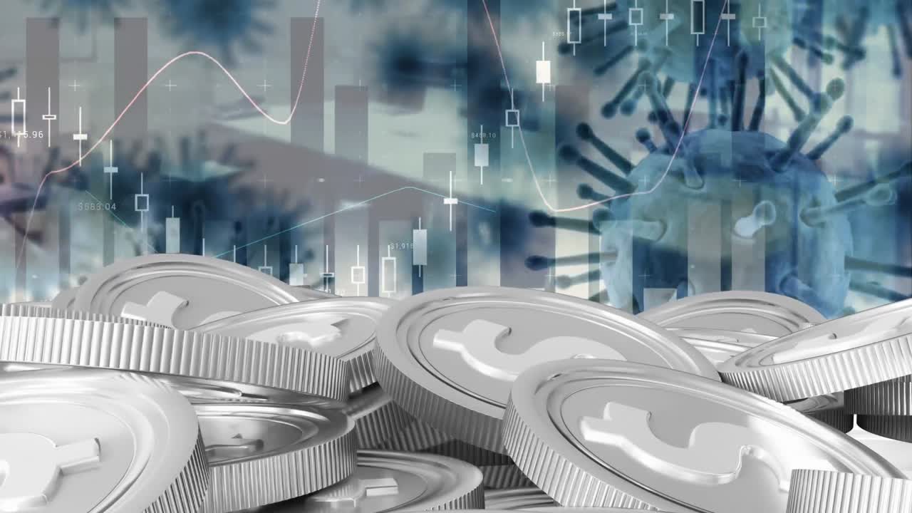 미국 달러 동전과 코로나바이러스의 세포가 주식 시장에 퍼지고 있습니다. 배경에는 디스플레이가 있습니다.