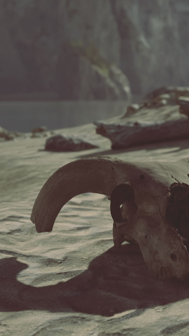 Ancient artifact resting on sandy shore at rivers edge during twilight