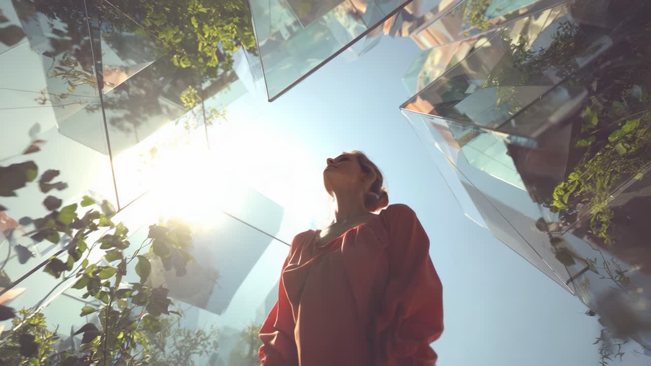 A Young Woman Gazes Upward in a Glimmering Glass Environment Surrounded by Lush Greenery, Capturing the Essence of Nature and Reflection in Bright Daylight