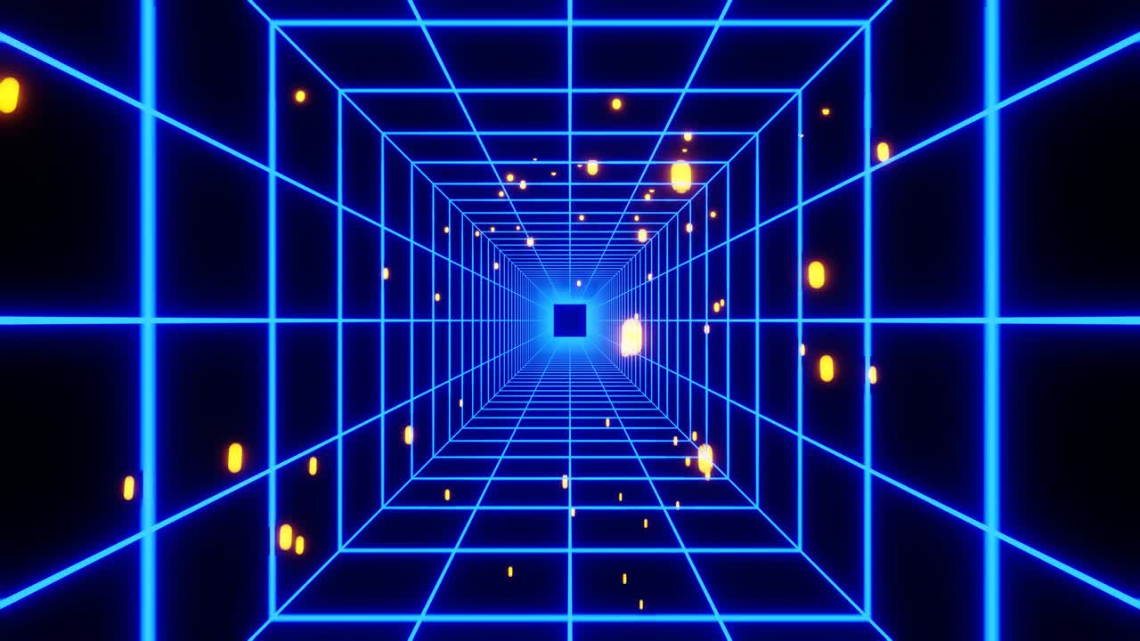 파란색 네온 선의 정사각형 터널과 떨어지는 노란색 물방울 입자, 그리고 끝의 어.